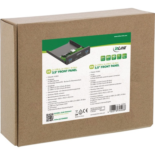 InLine® 3,5 Front Panel, 2x USB-A + 2x USB-C, 10 Gb/s, Metall, schwarz