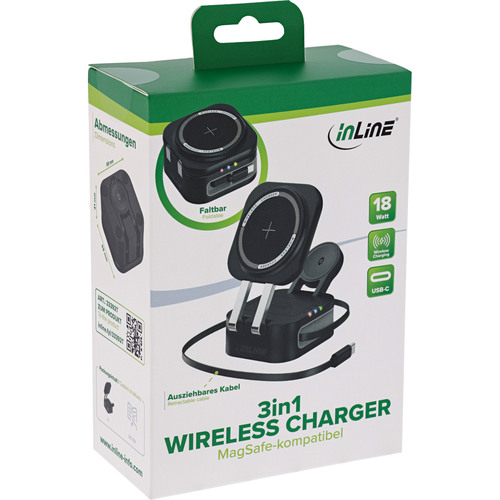 InLine® 3in1 Wireless Charger, 15W Qi MagSafe kompatibel, 0,8m Kabel