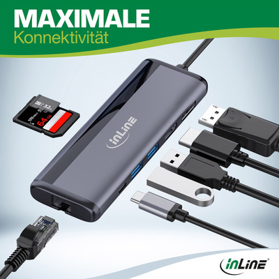 InLine® 8-in-1 USB-C Multihub, HDMI, DP, USB 3.2, PD 3.0 100W, MST