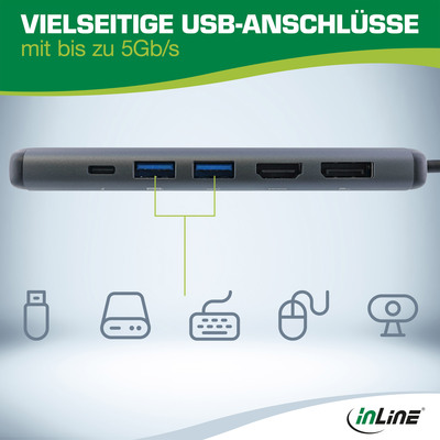 InLine® 8-in-1 USB-C Multihub, HDMI, DP, USB 3.2, PD 3.0 100W, MST
