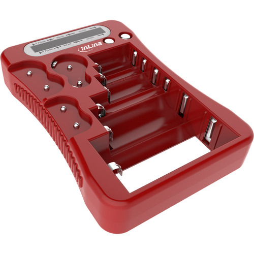 InLine® Batterietester mit LCD-Anzeige, für Rund/Knopfzellen sowie 9V-Block, rot