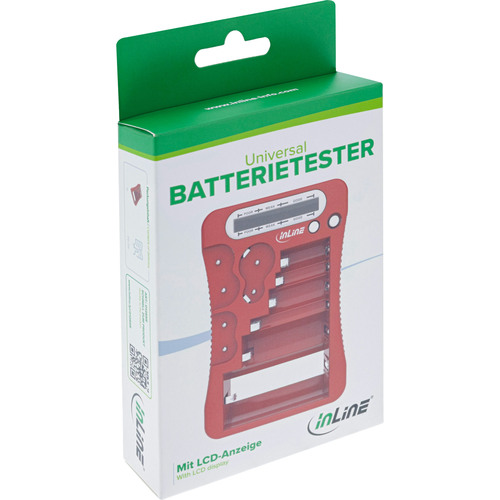 InLine® Batterietester mit LCD-Anzeige, für Rund/Knopfzellen sowie 9V-Block, rot