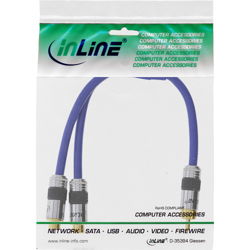 InLine® Cinch-Y-Kabel PREMIUM, 1x Cinch Stecker zu 2x Buchse, blau, 0,25 m