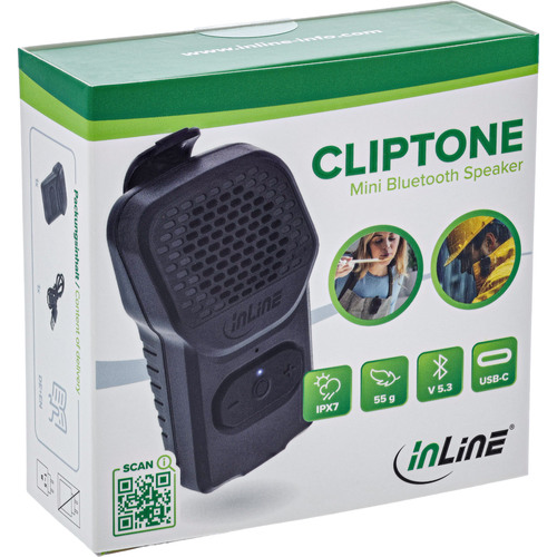 InLine® ClipTone, tragbarer Bluetooth Lautsprecher, Clip, Freisprecheinrichtung