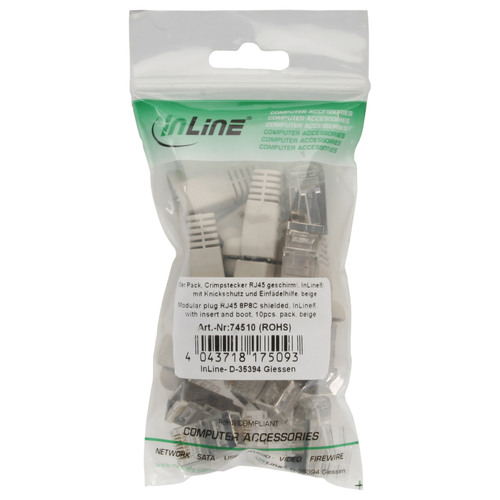 InLine® Crimpstecker RJ45 geschirmt, Knickschutz beige & Einfädelhilfe 10er Pack