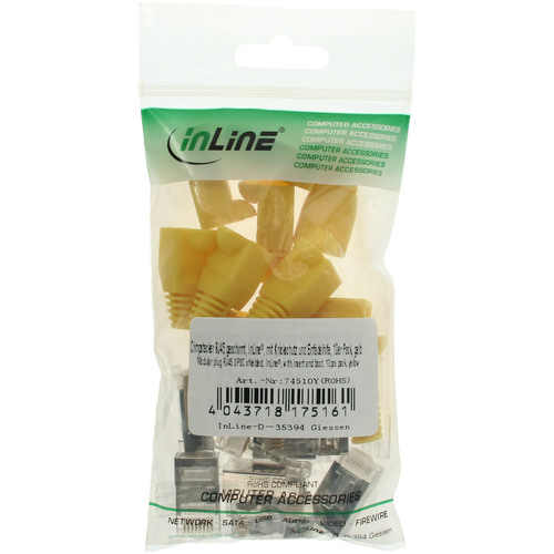 InLine® Crimpstecker RJ45 geschirmt, Knickschutz gelb & Einfädelhilfe, 10er Pack