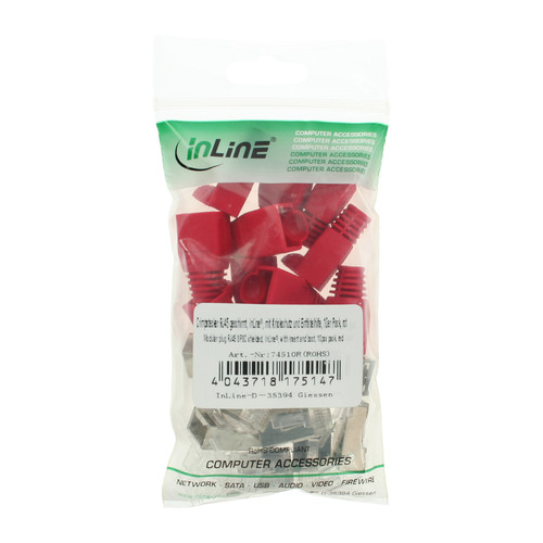 InLine® Crimpstecker RJ45 geschirmt, Knickschutz rot & Einfädelhilfe, 10er Pack