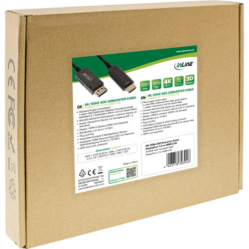 InLine® DisplayPort zu HDMI AOC Konverter Kabel, 4K/60Hz, schwarz, 10m