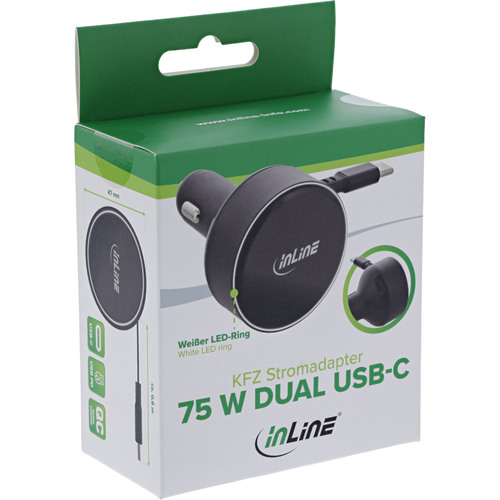 InLine® Dual USB-C KFZ Stromadapter 12/24V, ausziehbares Kabel + Buchse, 75W