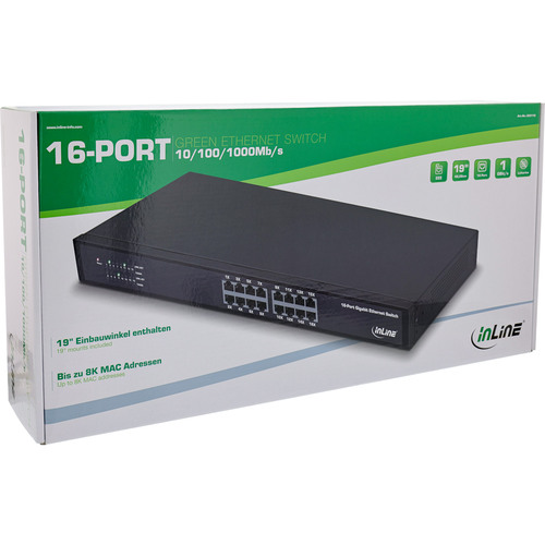 InLine® Gigabit Netzwerk Switch 16-Port, 1Gb/s, 19 1HE, Metall, lüfterlos