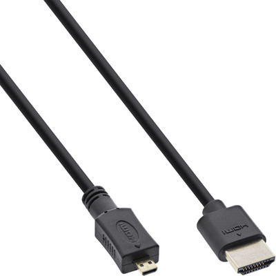 InLine HDMI Superslim Kabel A an D, HDMI-High Speed mit Ethernet, Premium, schwarz / gold, 0,3m