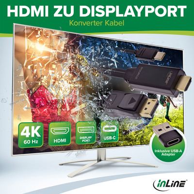 InLine® HDMI zu DisplayPort Konverter Kabel, 4K60Hz, schwarz/gold, 1,5m