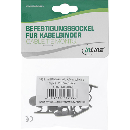 InLine® Kabelmanager mit Klebesockel, 10er Pack, schwarz, 2,8 cm
