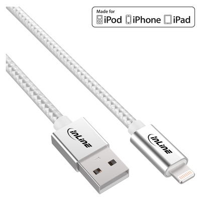 InLine® Lightning USB Kabel, für iPad, iPhone, iPod, silber/Alu, 1m MFi-zertifiziert (Produktbild 1)