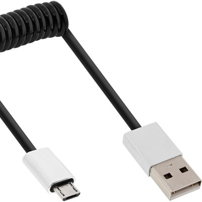 InLine® Micro-USB 2.0 Spiralkabel, USB-A Stecker an Micro-B Stecker, schwarz/Alu, flexibel, 3m (Produktbild 1)