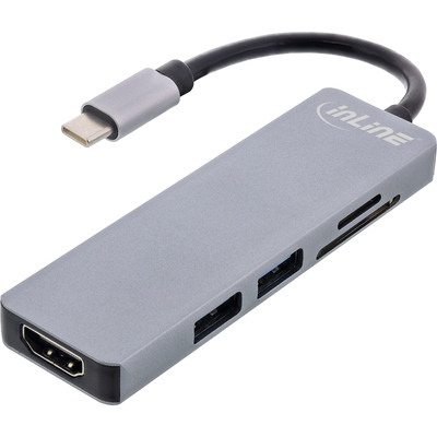 InLine® Multifunktions-Hub USB 3.2 Gen.1, 2x USB-A 5Gb/s + HDMI 4K/30Hz + Cardreader, Aluminium, grau