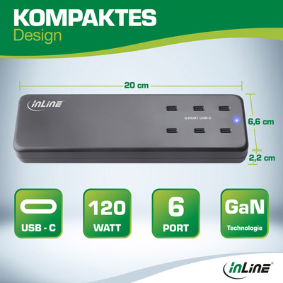 InLine® Multiport Netzteil, 6x USB-C, GaN, 120W, PD 3.0, schwarz
