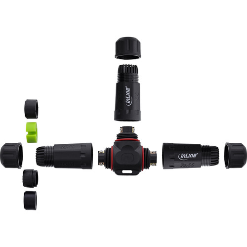 InLine® Netzkabelkupplung, IP68, 3pol, 3-Wege, M20, schwarz