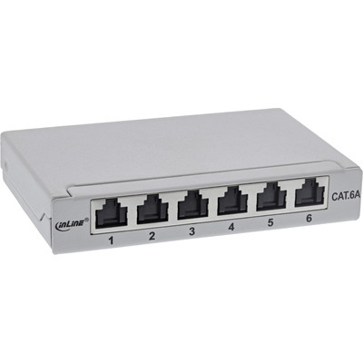 InLine Patchfeld Cat.6A 0,5HE 6-fach, für Tisch/Wand/Hutschiene, mit Staubschutz, grau InLine Patchfeld Cat.6A 0,5HE 6-fach, für Tisch/Wand/Hutschiene, mit Staubschutz, grau