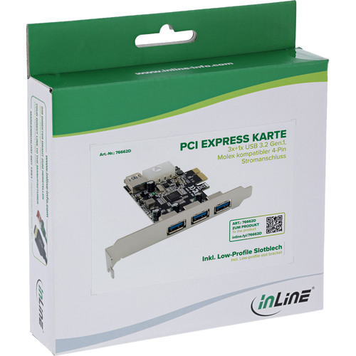 InLine® PCIe Karte, 3x+1x USB 3.2 Gen.1, Molex kompatibler 4pol Stromanschluss