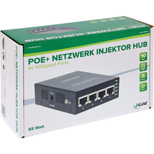 InLine® PoE+ 10Gigabit Injektor Hub 4 Port (4x PoE+), 10Gb/s, Metall, lüfterlos