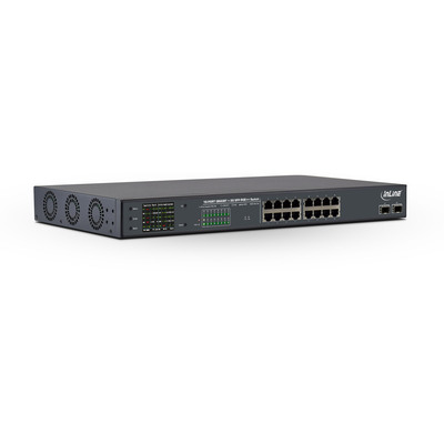 InLine® PoE++ Gigabit Netzwerk Switch 16 Port, 1Gb/s, 2xSFP, 19 1HE, Metall, Lüftersteuerung, mit Display, Passwortschutz, 300W (Produktbild 1)