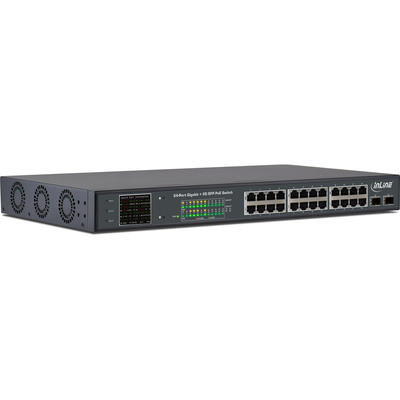 InLine® PoE+ Gigabit Netzwerk Switch 24 Port, 1Gb/s, 2xSFP, 19 1HE (Winkel enthalten), Metall, Lüftersteuerung, mit Display, 420W (Produktbild 1)