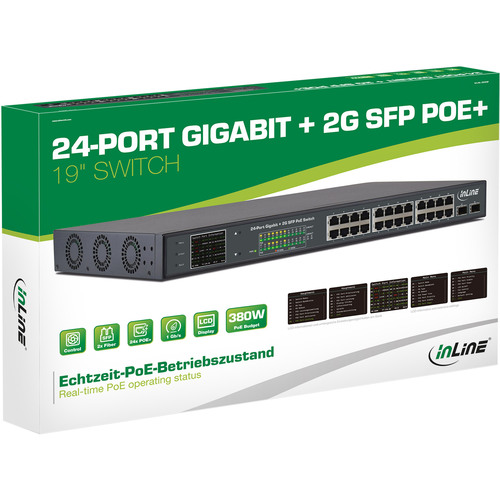 InLine® PoE+ Gigabit Netzwerk Switch 24 Port, 1Gb/s, 2xSFP,191HE (inkl. Winkel)