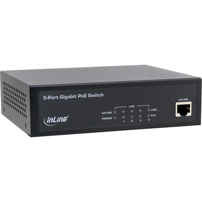 InLine® PoE+ Gigabit Netzwerk Switch 5 Port (4x PoE+), 1Gb/s, Desktop, Metall, lüfterlos