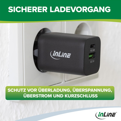 InLine® Power Delivery + Quick Charge USB Netzteil, 33W, USB-A + USB-C, schwarz