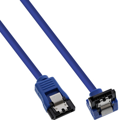 InLine® SATA 6Gb/s Anschlusskabel rund, abgewinkelt, blau, mit Lasche, 0,15m