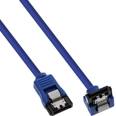 InLine® SATA 6Gb/s Anschlusskabel rund, abgewinkelt, blau, mit Lasche, 0,3m