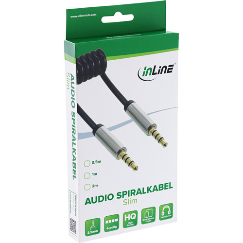 InLine® Slim Audio Spiralkabel Klinke 3,5mm ST/ST, 4pol, Stereo, 0,5m