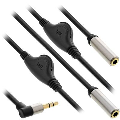 InLine Slim Audio Y-Kabel Klinke 3,5mm Stecker gewinkelt an 2x Klinke Buchse, mit Lautstärkeregler, 0,25m (Produktbild 1)