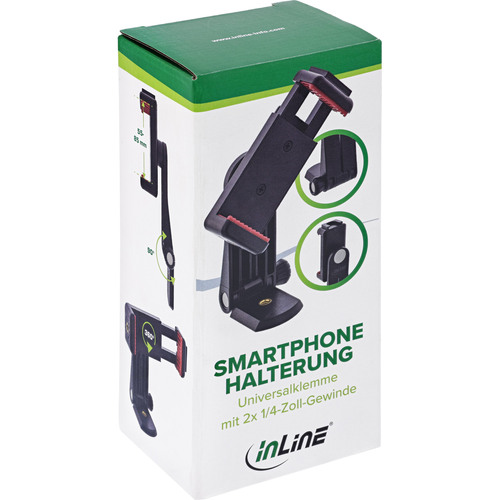 InLine® Smartphone Halterung, 55–85mm, 1/4 Gewinde & Kaltschuh, schwarz