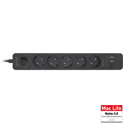 InLine® Steckdosenleiste, 5-fach Schutzkontakt, Überspannungsschutz und QuickCharge USB, mit Schalter, 1,5m, schwarz (Produktbild 1)