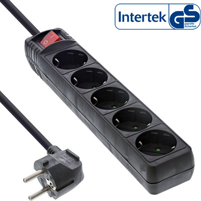 InLine® Steckdosenleiste, 5-fach Schutzkontakt, mit Schalter, 1,5m, schwarz (Produktbild 1)