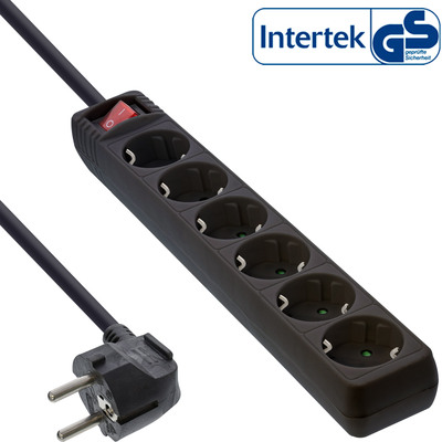 InLine® Steckdosenleiste, 6-fach Schutzkontakt, mit Schalter, 1,5m, schwarz (Produktbild 1)
