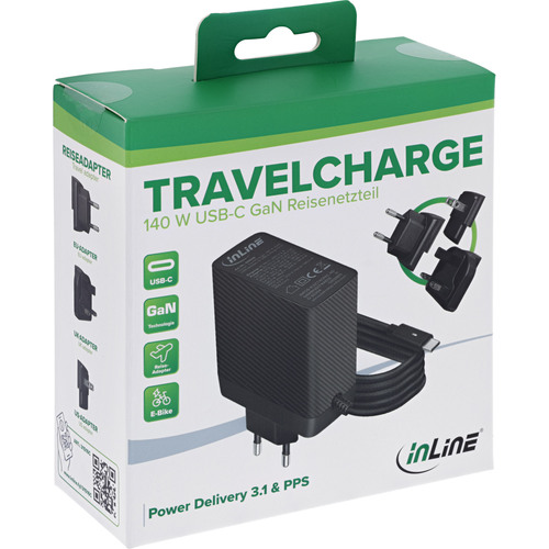 InLine® TravelCharge USB-C Netzteil 140W, GaN, festes Kabel, EU/UK/US, schwarz