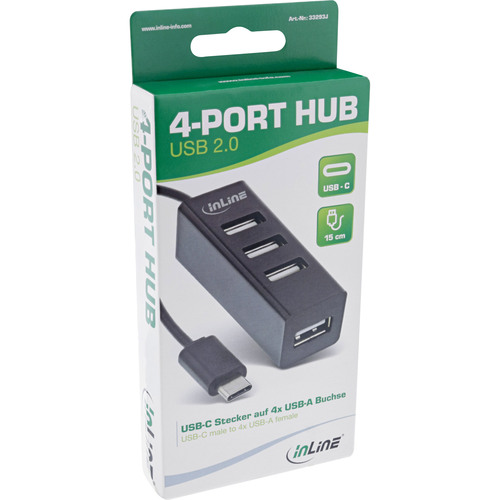 InLine® USB 2.0 4-Port Hub, USB-C auf 4x USB-A, 15cm, schwarz
