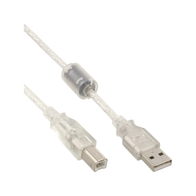 InLine® USB 2.0 Kabel, A an B, transparent, mit Ferritkern, 0,3m (Produktbild 1)