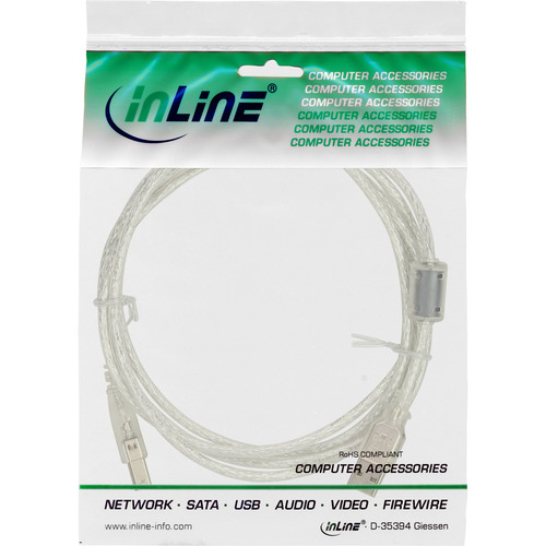 InLine® USB 2.0 Kabel, A an B, transparent, mit Ferritkern, 3m