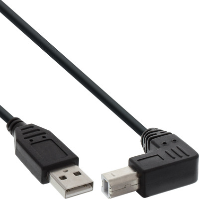 InLine USB 2.0 Kabel, A an B unten abgewinkelt, schwarz, 0,3m