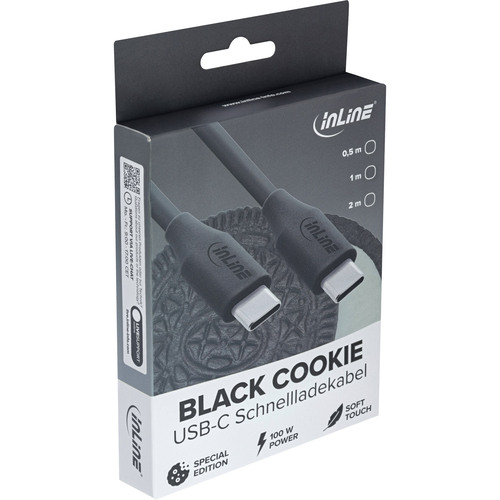 InLine® USB 2.0 Kabel, USB-C Schnellladekabel 100W, Black Cookie, schwarz 1m