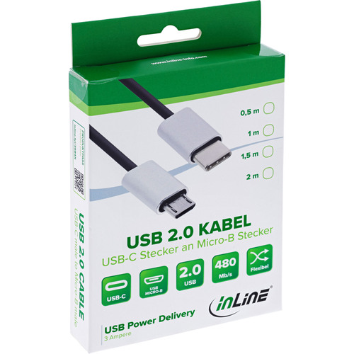 InLine® USB 2.0 Kabel, USB-C ST an Micro-B ST, schwarz/Alu, flexibel, 0,5m