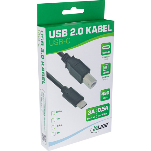 InLine® USB 2.0 Kabel, USB-C Stecker an USB-B Stecker, schwarz, 0,5m
