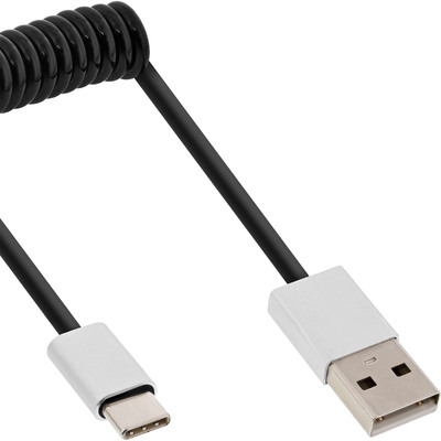 InLine® USB 2.0 Spiralkabel, USB-C ST an A ST, schwarz/Alu, flexibel, 0,5m