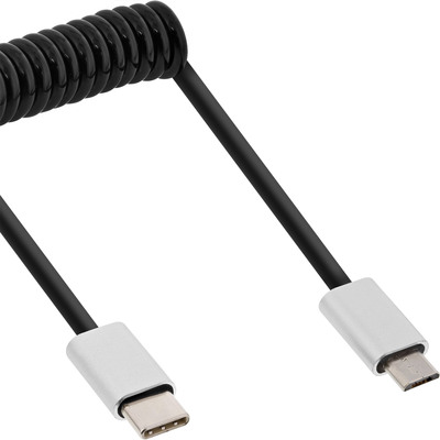 InLine® USB 2.0 Spiralkabel, USB-C Stecker an Micro-B Stecker, schwarz/Alu, flexibel, 0,5m (Produktbild 1)