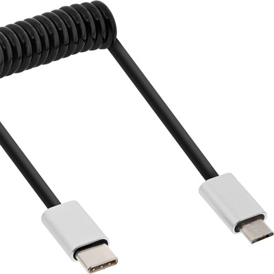 InLine® USB 2.0 Spiralkabel, USB-C Stecker an Micro-B Stecker, schwarz/Alu, flexibel, 3m (Produktbild 1)