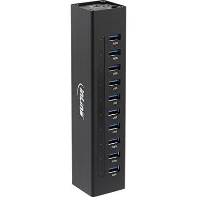 InLine USB 3.2 Gen.1 Hub, 10 Port, Aluminiumgehäuse, schwarz, mit 4A Netzteil